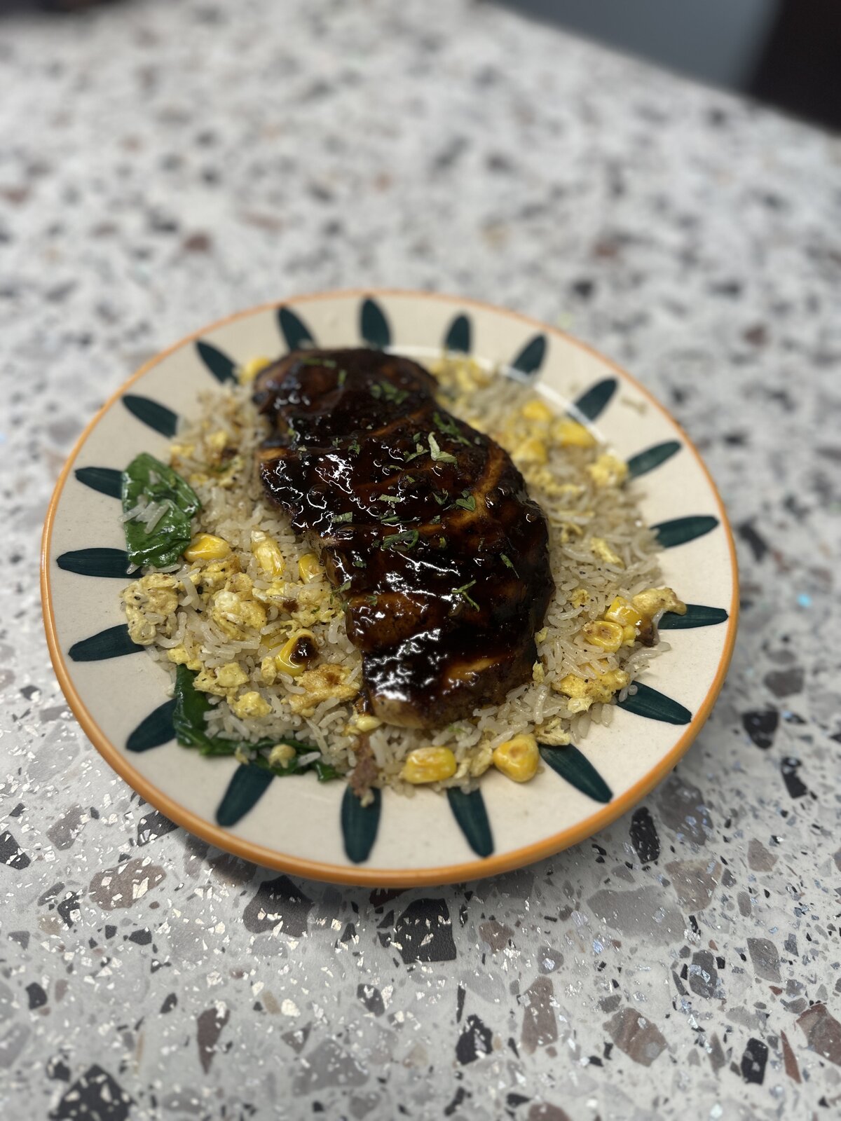 Golden corn BBQ chicken rice bowl